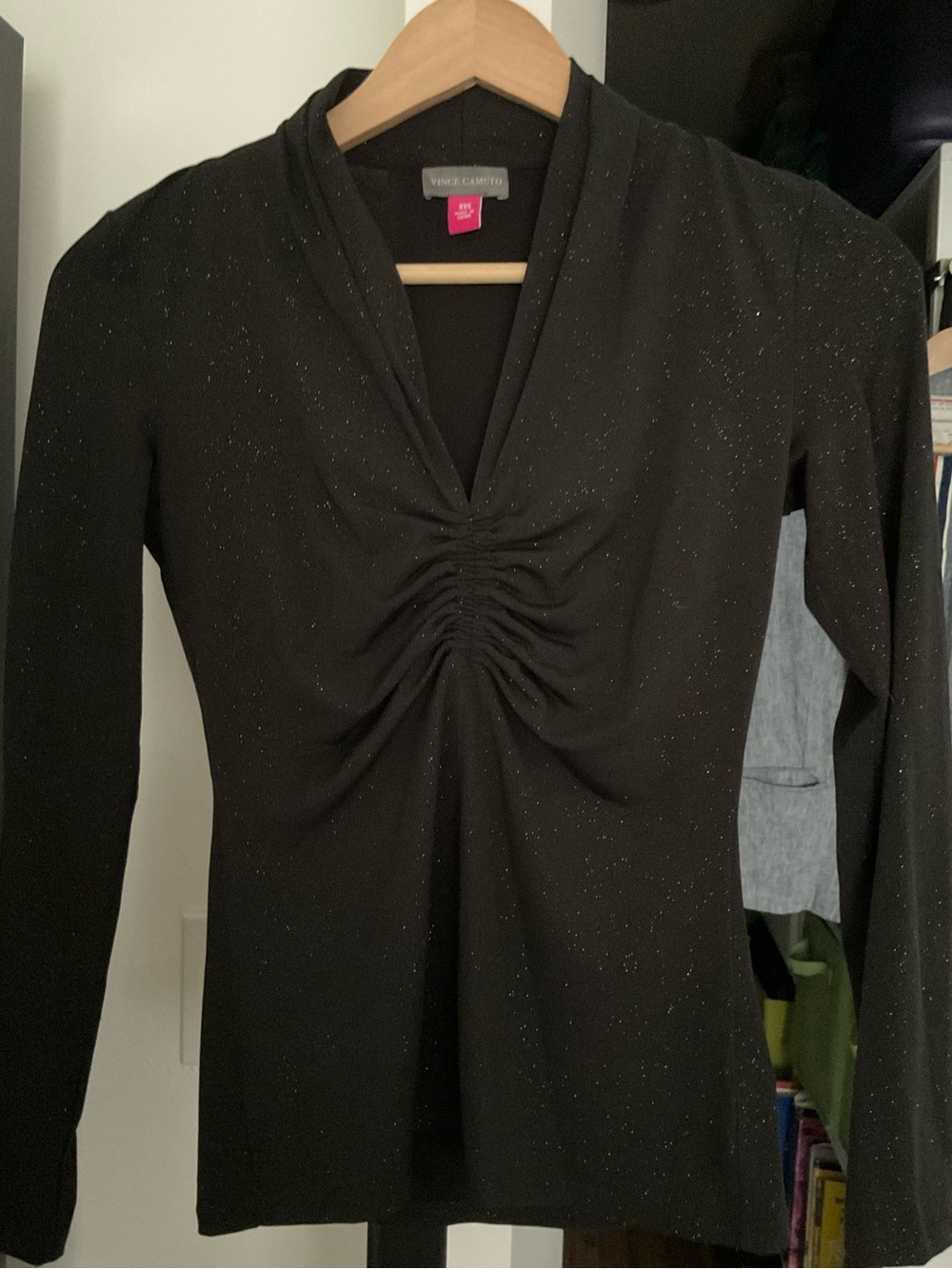 Vince Camuto Black Sparkle Ruched V-Neck Long Sleeve Top xxs